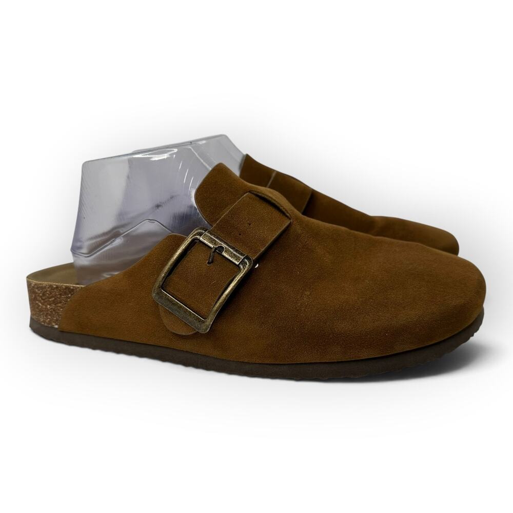 SM New York Brynlee Suede Clog Mules Sz 10 Tan Buckle Boston Style Slip On